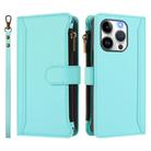 For iPhone 14 Pro Magnetic Closure 9 Card Slots Zipper Leather Case with Hand Strap(Mint Green) - 2