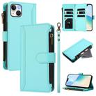 For iPhone 14 Plus Magnetic Closure Nine Card Slots Zipper Leather Phone Case with Hand Strap(Mint Green) - 1