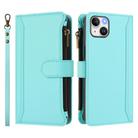 For iPhone 14 Plus Magnetic Closure Nine Card Slots Zipper Leather Phone Case with Hand Strap(Mint Green) - 2