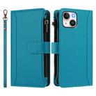 For iPhone 14 / 13 Magnetic Closure 9 Card Slots Zipper Leather Case with Hand Strap(Turquoise) - 2