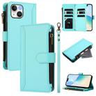 For iPhone 14 / 13 Magnetic Closure Nine Card Slots Zipper Leather Phone Case with Hand Strap(Mint Green) - 1