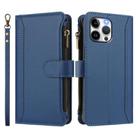 For iPhone 13 Pro Max Magnetic Closure Nine Card Slots Zipper Leather Phone Case with Hand Strap(Dark Blue) - 2