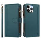 For iPhone 13 Pro Max Magnetic Closure 9 Card Slots Zipper Leather Case with Hand Strap(Dark Green) - 2