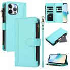 For iPhone 13 Pro Max Magnetic Closure 9 Card Slots Zipper Leather Case with Hand Strap(Mint Green) - 1
