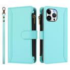For iPhone 13 Pro Max Magnetic Closure 9 Card Slots Zipper Leather Case with Hand Strap(Mint Green) - 2