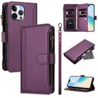 For iPhone 13 Pro Max Magnetic Closure 9 Card Slots Zipper Leather Case with Hand Strap(Purple) - 1