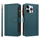 For iPhone 13 Pro Magnetic Closure 9 Card Slots Zipper Leather Case with Hand Strap(Dark Green) - 2