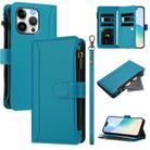 For iPhone 13 Pro Magnetic Closure 9 Card Slots Zipper Leather Case with Hand Strap(Turquoise) - 1