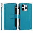 For iPhone 13 Pro Magnetic Closure 9 Card Slots Zipper Leather Case with Hand Strap(Turquoise) - 2