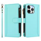 For iPhone 13 Pro Magnetic Closure 9 Card Slots Zipper Leather Case with Hand Strap(Mint Green) - 2