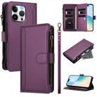 For iPhone 13 Pro Magnetic Closure 9 Card Slots Zipper Leather Case with Hand Strap(Purple) - 1