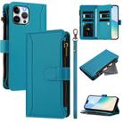 For iPhone 12 Pro Max Magnetic Closure 9 Card Slots Zipper Leather Case with Hand Strap(Turquoise) - 1