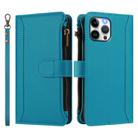 For iPhone 12 Pro Max Magnetic Closure 9 Card Slots Zipper Leather Case with Hand Strap(Turquoise) - 2