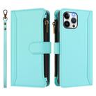 For iPhone 12 Pro Max Magnetic Closure 9 Card Slots Zipper Leather Case with Hand Strap(Mint Green) - 2