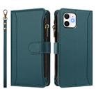 For iPhone 12 / 12 Pro Magnetic Closure 9 Card Slots Zipper Leather Case with Hand Strap(Dark Green) - 2