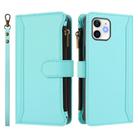 For iPhone 12 / 12 Pro Magnetic Closure 9 Card Slots Zipper Leather Case with Hand Strap(Mint Green) - 2
