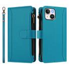For iPhone 13 mini Magnetic Closure 9 Card Slots Zipper Leather Case with Hand Strap(Turquoise) - 2