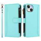 For iPhone 13 mini Magnetic Closure 9 Card Slots Zipper Leather Case with Hand Strap(Mint Green) - 2
