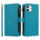 For iPhone 12 mini Magnetic Closure 9 Card Slots Zipper Leather Case with Hand Strap(Turquoise) - 2