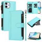 For iPhone 12 mini Magnetic Closure 9 Card Slots Zipper Leather Case with Hand Strap(Mint Green) - 1