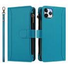 For iPhone 11 Pro Max Magnetic Closure 9 Card Slots Zipper Leather Case with Hand Strap(Turquoise) - 2
