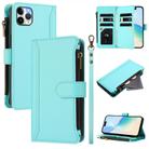 For iPhone 11 Pro Max Magnetic Closure 9 Card Slots Zipper Leather Case with Hand Strap(Mint Green) - 1