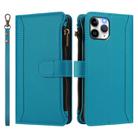 For iPhone 11 Pro Magnetic Closure Nine Card Slots Zipper Leather Phone Case with Hand Strap(Turquoise) - 2