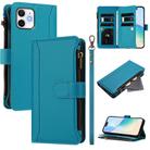 For iPhone 11 Magnetic Closure 9 Card Slots Zipper Leather Case with Hand Strap(Turquoise) - 1