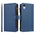 For iPhone XR Magnetic Closure 9 Card Slots Zipper Leather Case with Hand Strap(Dark Blue) - 2