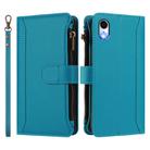 For iPhone XR Magnetic Closure 9 Card Slots Zipper Leather Case with Hand Strap(Turquoise) - 2