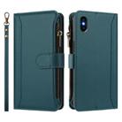 For iPhone XS Max Magnetic Closure 9 Card Slots Zipper Leather Case with Hand Strap(Dark Green) - 2