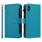 For iPhone XS Max Magnetic Closure 9 Card Slots Zipper Leather Case with Hand Strap(Turquoise) - 2