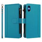 For iPhone XS / X Magnetic Closure 9 Card Slots Zipper Leather Case with Hand Strap(Turquoise) - 2