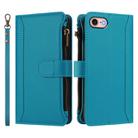 For iPhone SE 2022 / 2020 / 8 / 7 Magnetic Closure 9 Card Slots Zipper Leather Case with Hand Strap(Turquoise) - 2