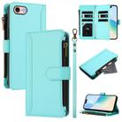 For iPhone SE 2022 / 2020 / 8 / 7 Magnetic Closure 9 Card Slots Zipper Leather Case with Hand Strap(Mint Green) - 1