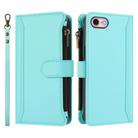 For iPhone SE 2022 / 2020 / 8 / 7 Magnetic Closure 9 Card Slots Zipper Leather Case with Hand Strap(Mint Green) - 2
