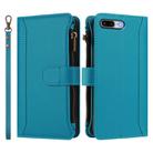 For iPhone 8 Plus / 7 Plus Magnetic Closure 9 Card Slots Zipper Leather Case with Hand Strap(Turquoise) - 2