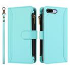 For iPhone 8 Plus / 7 Plus Magnetic Closure 9 Card Slots Zipper Leather Case with Hand Strap(Mint Green) - 2