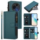 For TCL 60 NxtPaper Magnetic Closure 9 Card Slots Zipper Leather Case with Hand Strap(Dark Green) - 1