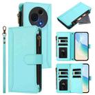 For TCL 60 NxtPaper Magnetic Closure 9 Card Slots Zipper Leather Case with Hand Strap(Mint Green) - 1