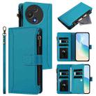For TCL 60R 5G Magnetic Closure 9 Card Slots Zipper Leather Case with Hand Strap(Turquoise) - 1