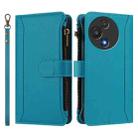 For TCL 60R 5G Magnetic Closure 9 Card Slots Zipper Leather Case with Hand Strap(Turquoise) - 2