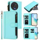 For TCL 60R 5G Magnetic Closure 9 Card Slots Zipper Leather Case with Hand Strap(Mint Green) - 1