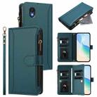 For TCL 201 Magnetic Closure 9 Card Slots Zipper Leather Case with Hand Strap(Dark Green) - 1