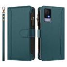 For TCL 405 / 406 / 406S / 480 Magnetic Closure 9 Card Slots Zipper Leather Case with Hand Strap(Dark Green) - 2