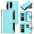 For TCL Stylus 5G Magnetic Closure 9 Card Slots Zipper Leather Case with Hand Strap(Mint Green) - 1