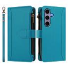 For Samsung Galaxy S25 / S24 5G Magnetic Closure 9 Card Slots Zipper Leather Case with Hand Strap(Turquoise) - 2