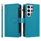 For Samsung Galaxy S24 Ultra 5G Magnetic Closure 9 Card Slots Zipper Leather Case with Hand Strap(Turquoise) - 2