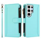 For Samsung Galaxy S24 Ultra 5G Magnetic Closure 9 Card Slots Zipper Leather Case with Hand Strap(Mint Green) - 2