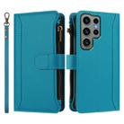 For Samsung Galaxy S23 Ultra 5G Magnetic Closure 9 Card Slots Zipper Leather Case with Hand Strap(Turquoise) - 2